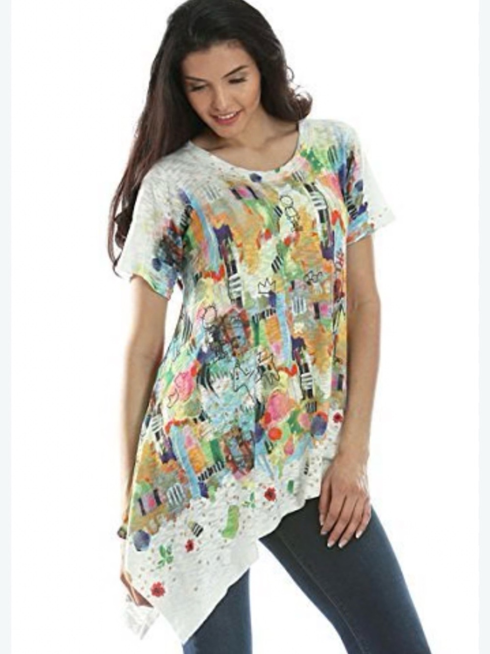 Inoah Tunic Top Womens L Abstract Art to Wear Asymmetrical Lagenlook